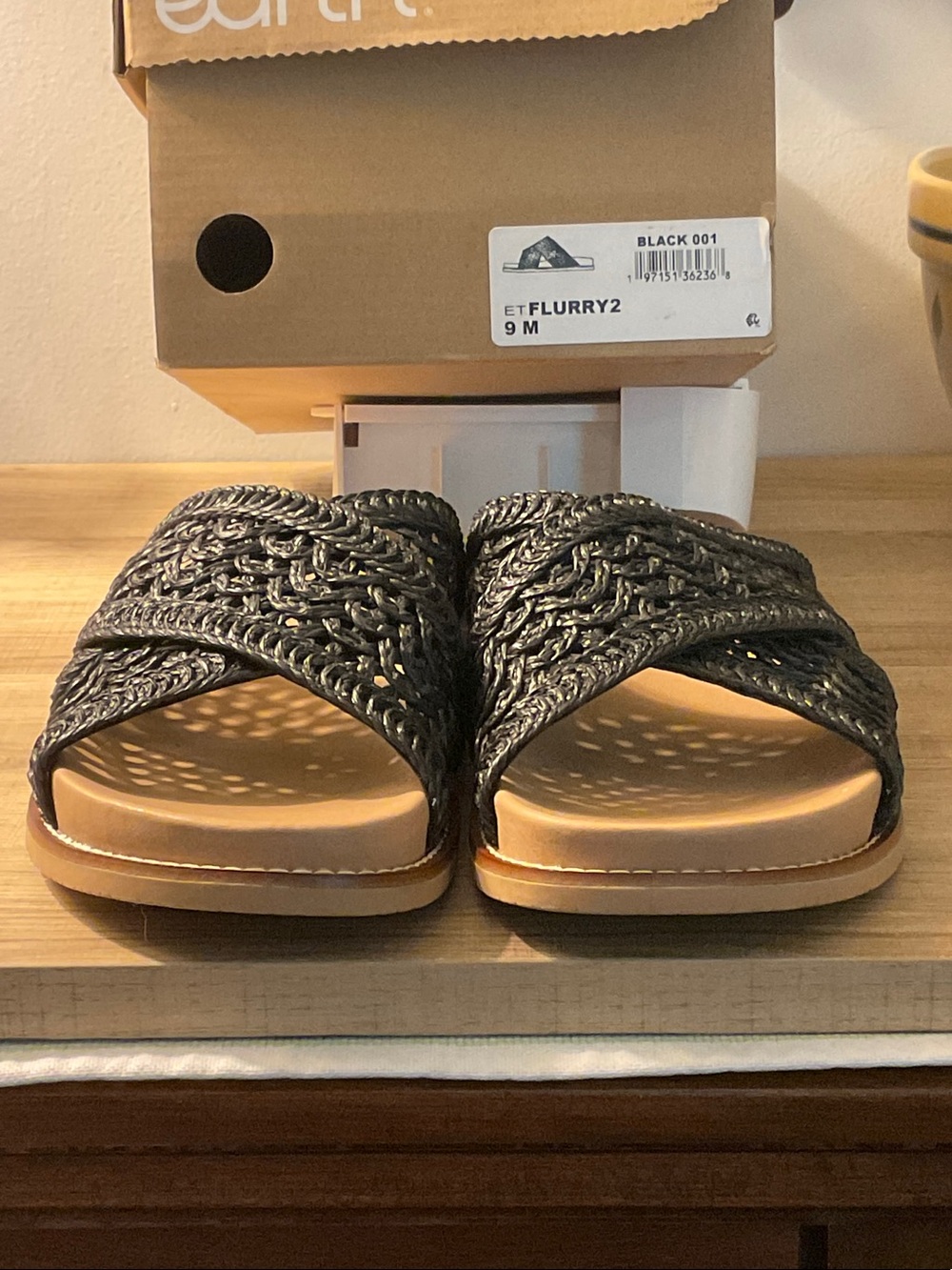 Earth Black Braided Slide Sandals with Tan Footbed NIB